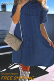 znbbw Lace Patchwork Temperament Beach Dress Summer Short Sleeve Folds Dress Fashion New Lace Pattern O-Neck Loose Women Dress