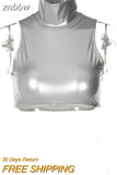 znbbw Summer Sexy silver Crop Top Club Outfit For Women 2023 Turtleneck Button Sleeveless Corset Tank Tops Party Casual Tops