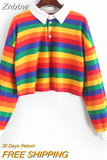 Znbbw Shirt Women Sweatshirt Long Sleeve Rainbow Color Ladies Hoodies With Button Striped Korean Style Sweatshirt Women