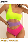 Znbbw Shoulder Women One Piece Swimsuit 2023 ColorBlock Sexy Ribbed Female Swimwear High Waist Swimming Suit Monokini Bathing Suit