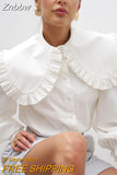 Znbbw Ruffle White Women Blouse Peter Pan Collar Cotton Button Up Shirt Women Tops 2023 Fashion Loose Puff Sleeve Shirts 18738