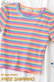 Znbbw T Shirt Women Rainbow Striped Tops Slim Fit t shirt Harajuku Tshirt Summer Short Sleeve Korean T-shirt feminina Clothes Tops