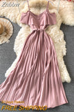 Znbbw Lotus Leaf Off-shoulder Sling Pleated Vestidos Women's Elegant Temperament Waist Slimming Midi Dress GK660