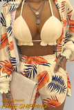 Znbbw Women Printed High Waist Bikini 3 Pieces Set Female Sexy Full Sleeve Cover Up Swimsuit 2023 New Bathing Shorts Swimwear Suits