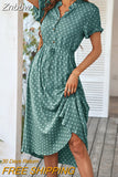 Znbbw Dot Dress Women 2023 New Summer Casual V-Neck Button Short Sleeve Midi Dresses Female Holiday Boho Beach Dresses Vestidos