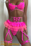 Znbbw Pink Bright Lingerie Erotic Female Underwear Ruffle Transparent Fancy Intimate Lace Garter Belt 3-Piece Exotic Sets