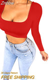 Znbbw Spring Crop Top Long Sleeve Women Black Sexy Shirt White Square Neck Casual Tee Top Mujer Ladies