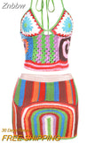 Znbbw Multicolor Knitted Two Piece Skirt Set Women Summer Outfit Sexy Halter Crop Top and Elastic Waist Mini Skirt Beachwear