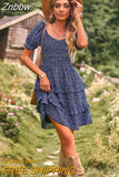 Znbbw Women's Summer Dress Elegant Floral Print Vintage Mini Dress Clothes V-Neck Puff Sleeve Ruffles Sexy Cake Dresses for Women 2023