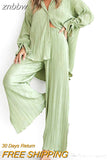 znbbw Women Pleated 2 Piece Sets Long Sleeve Blouse Tops And Split Wide Leg Pant Suit Female Fashion Casual Loose Homewear Outfit