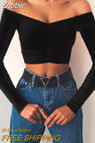 Znbbw New Off Shoulder Long Sleeve Tops Women Solid Ribbed T-shirt Casual Slim Slash Neck Bandeau Crop Tops Female Chic Tees