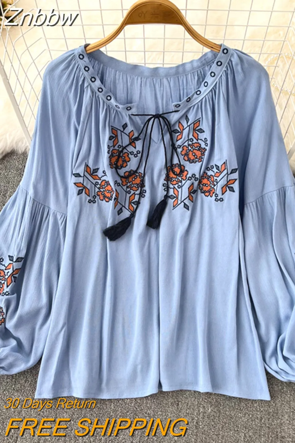 Znbbw Women's Retro Blouse National Style Embroidered Lace-Up Tassel V-Neck Lantern Sleeve Tops Loose All-Match Female Blusa G05 - Image 5