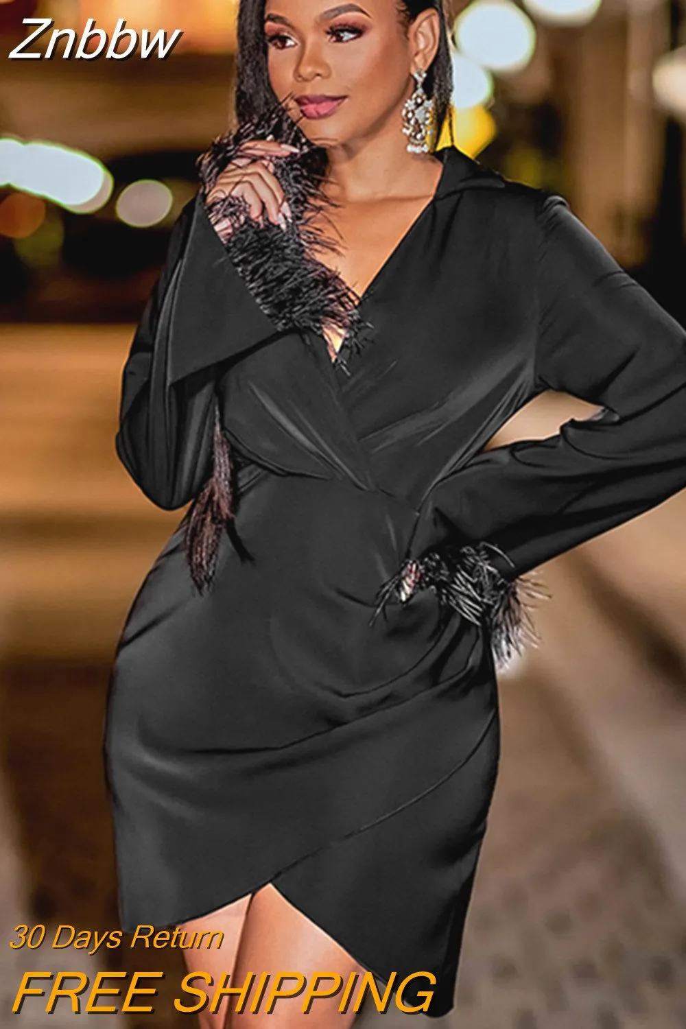 Znbbw Long Sleeve Feather Tassels Dress Women V-neck Irregular Slim Mini Dresses 2023 Fashion Elegant Office Lady Clothes - Image 4