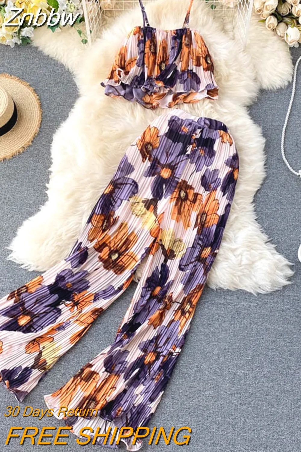 Znbbw Women's Summer Sets Vacation Style Printed Short Camisole Pleated High-waist Wide-leg Pants Two-piece New Casual Sets LL956