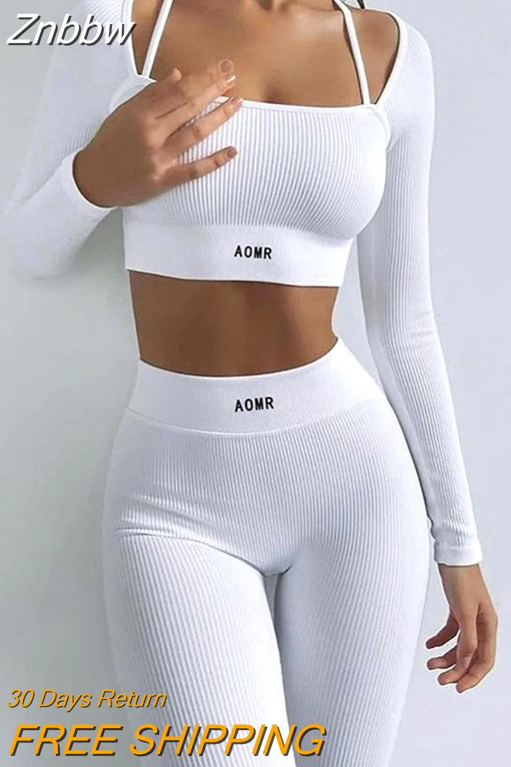 Znbbw 2023 Spring Autumn Design Sports Fitness Long Sleeve Crop Top And Pant Set Women Knitted Yoga Two Piece Set - Image 4
