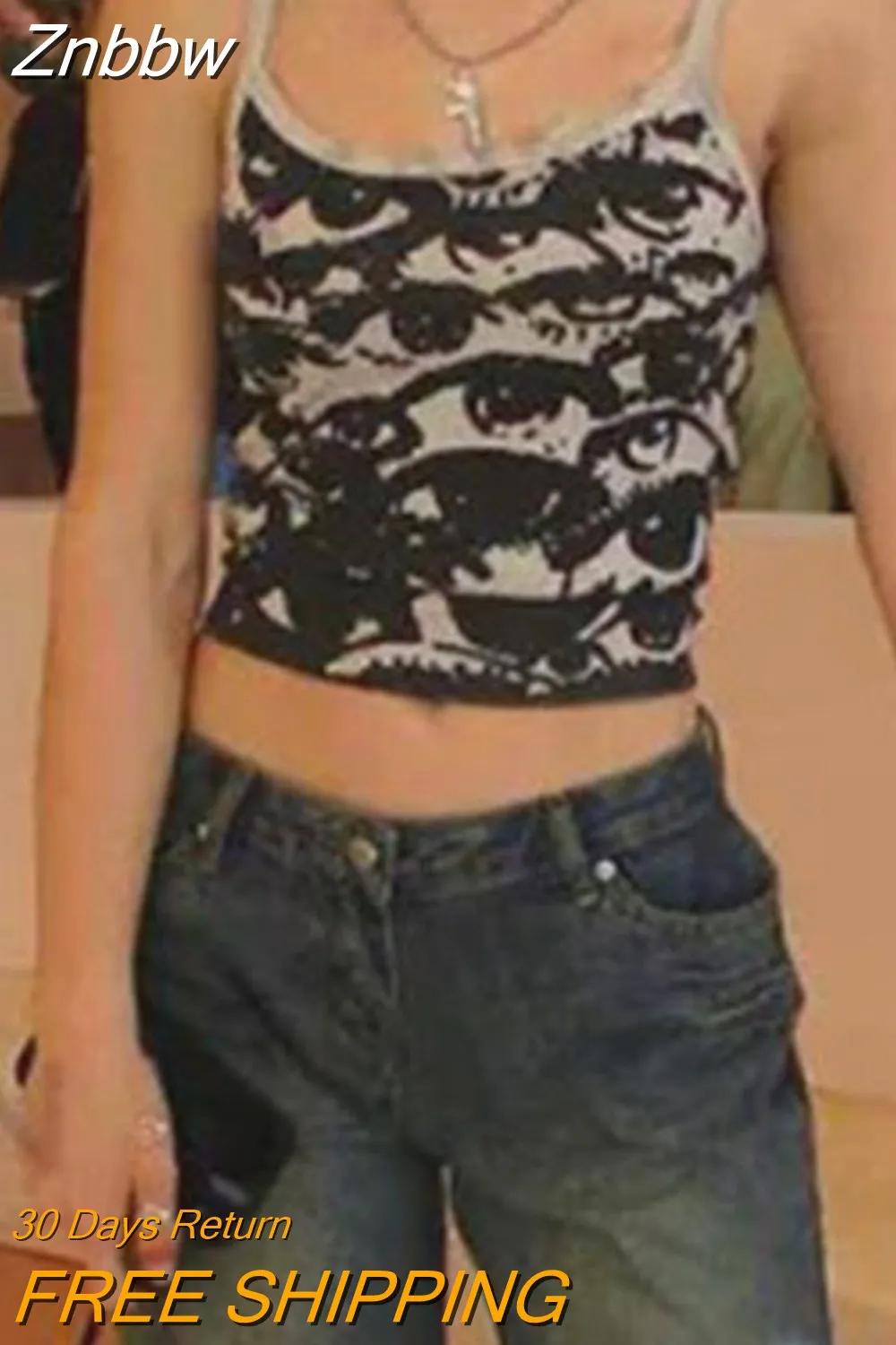 Znbbw Dark Vintage Streetwear t-shirt Gothic 90s Summer Slim Fit Women's Sports Top 2023 New Women's Statement Eye Print Camisole