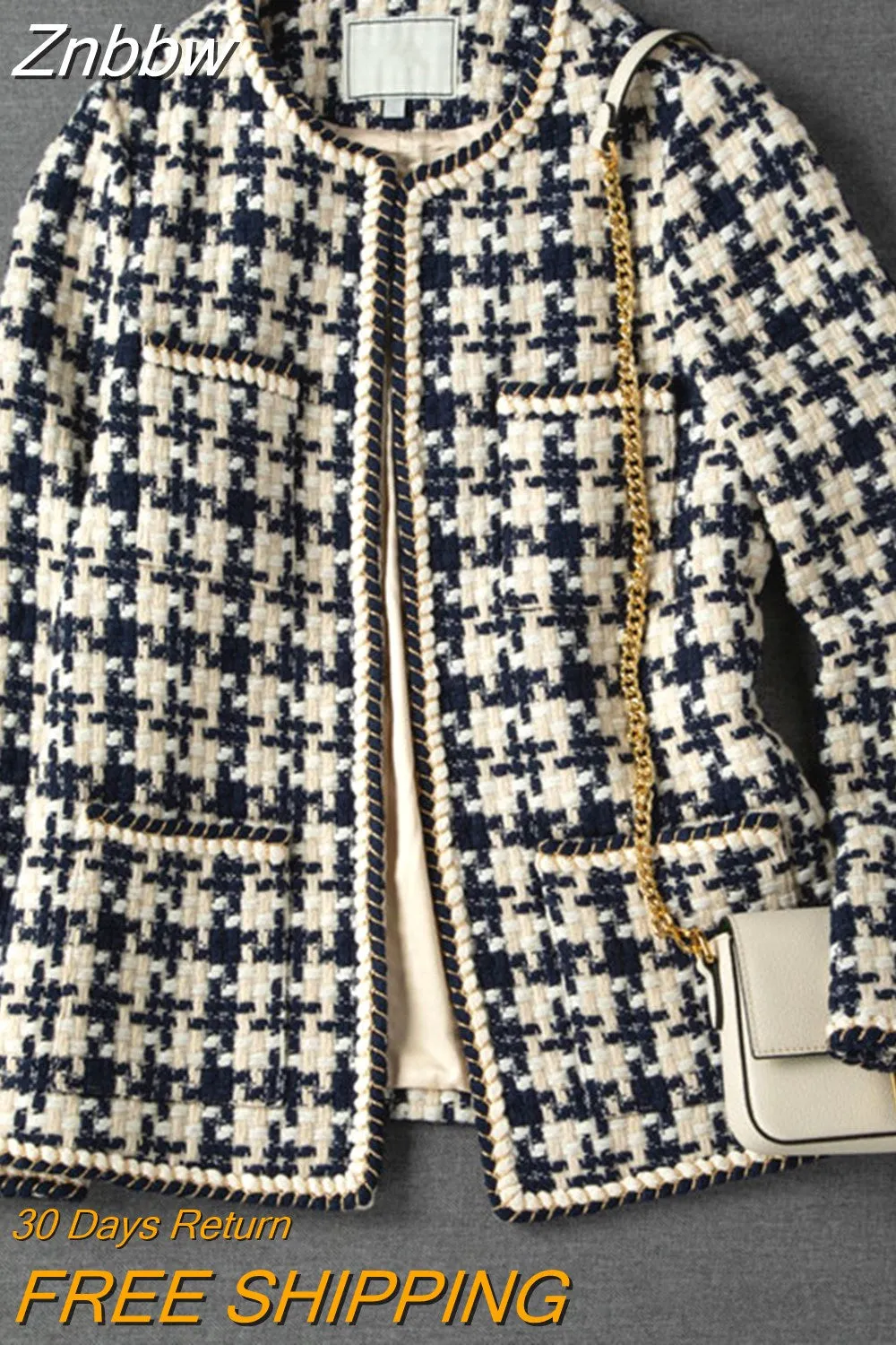 Znbbw 2023 Elegant Weave Plaid Women Blazer With Pocket And Lining Autumn Winter Causal Tweed Coat Office Ladies Suit Jacket 0410 - Image 4