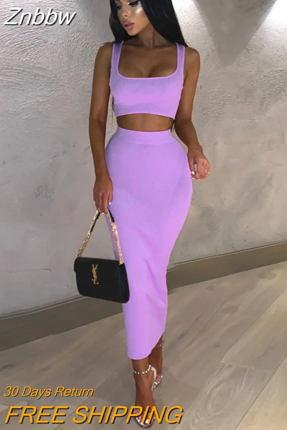 Znbbw women summer clothes soild color casual crop tank tops long pencil skirt fitness skinny outfit suit two piece 2pc sets - Image 8