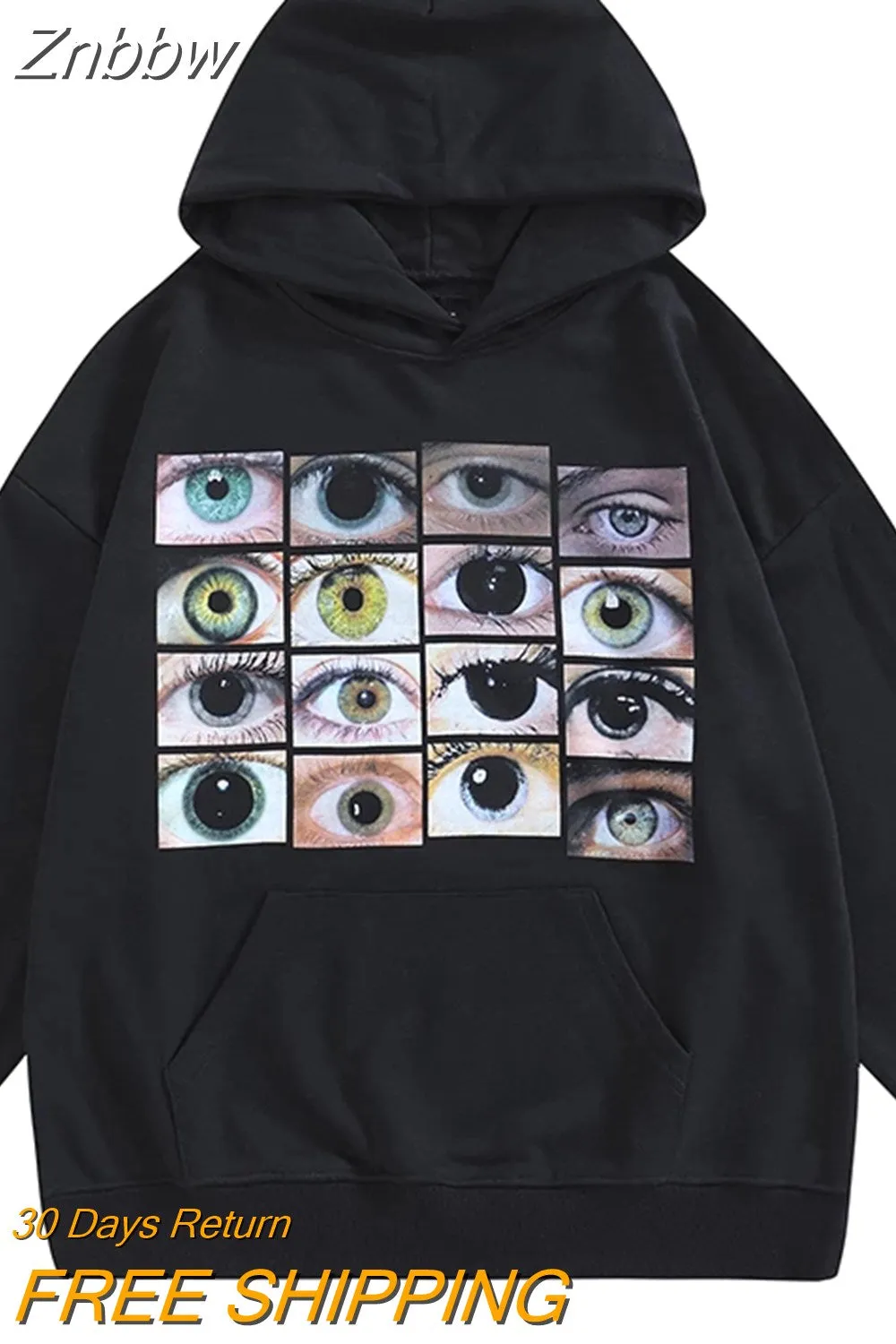 Znbbw Women hip hop streetwear hooded sweatshirt with eyes print Y2K harajuku pullover autumn cotton casual hooded black sweat shirt - Image 4
