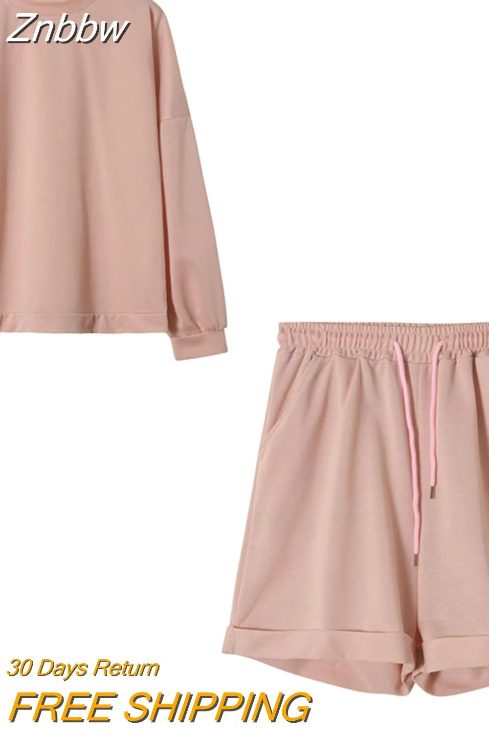 Znbbw Women Solid Tracksuits Casual Long Sleeve Pullover with Pockets Shorts Two Piece Set Sport Fashion Loose Matching Sets Outfits - Image 4