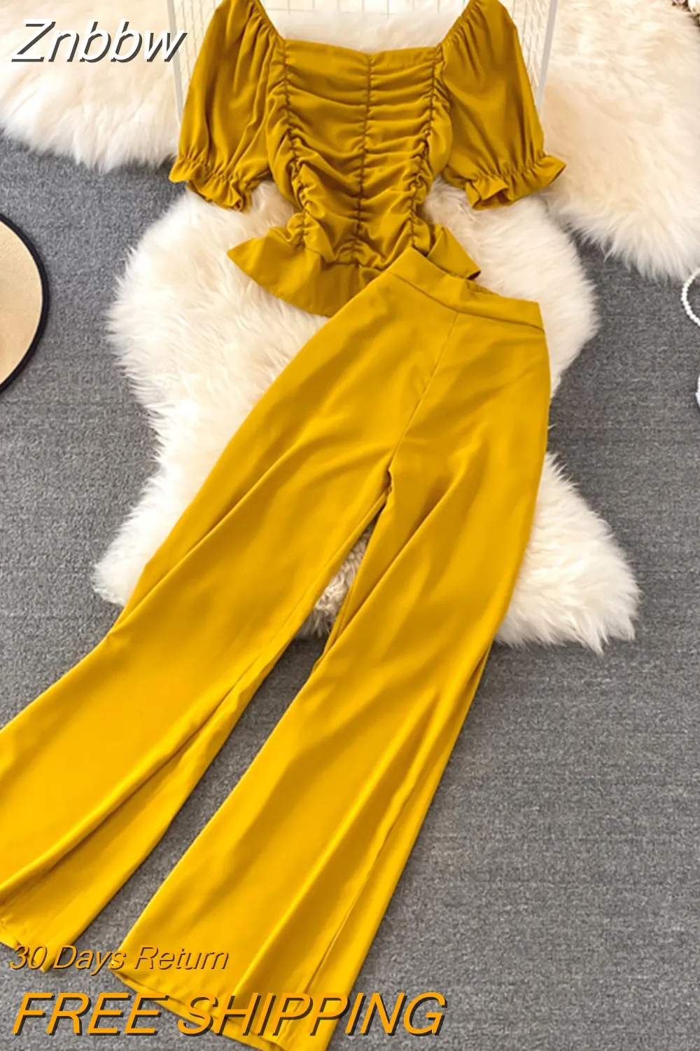 Znbbw Women Summer Fashion Casual Pants, High Waist Drape Wide Leg Pants, Square Collar Short Slim Blouse Two-piece Suit Female D0544 - Image 8