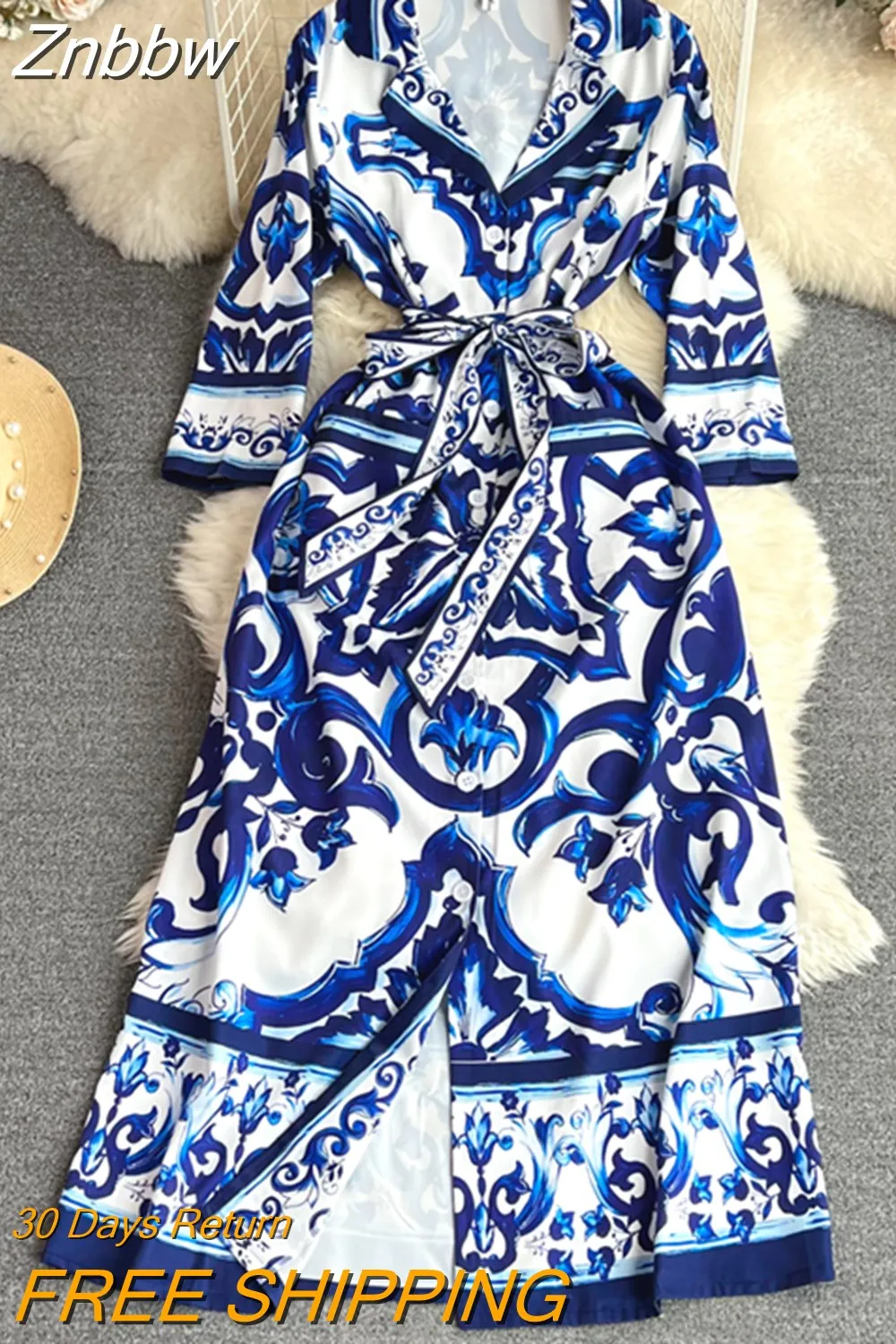 Znbbw Fashion Blue and White Porcelain Printing Single Breasted Shirt Dresses Women Chic Office Lady Work Knee Length Dress