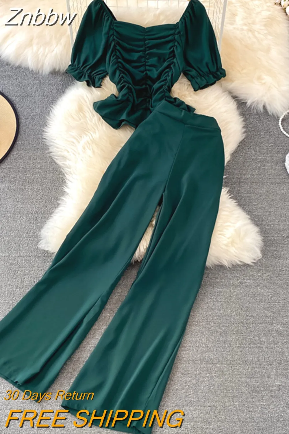 Znbbw Women Summer Fashion Casual Pants, High Waist Drape Wide Leg Pants, Square Collar Short Slim Blouse Two-piece Suit Female D0544 - Image 10