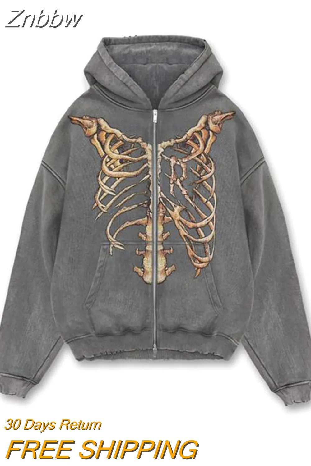 Znbbw Y2K Harajuku Anime Gothic Hoodies Korean Style Loose Skull Print Goth Grunge Long-sleeved Hooded Coat Solid Color Retro - Image 9