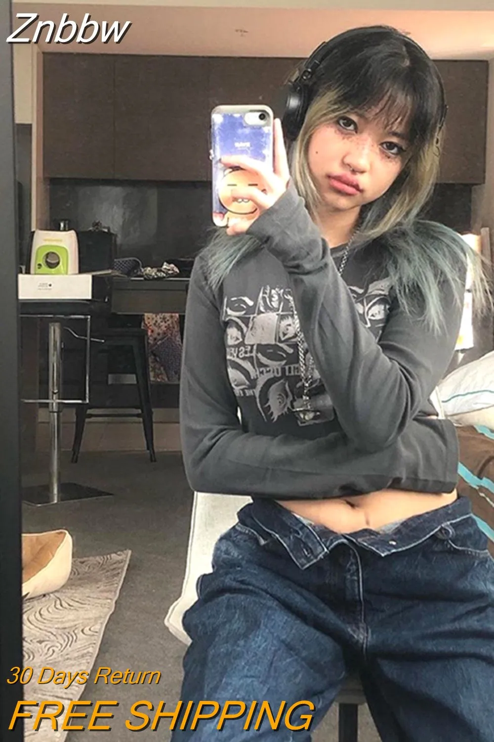 Znbbw Women retro Eyes Print Tops Fairy Grunge Graphic Spring T Shirts Vintage Indie Aesthetic Clothes Cyber Y2k Slim Long Sleeve Top - Image 3