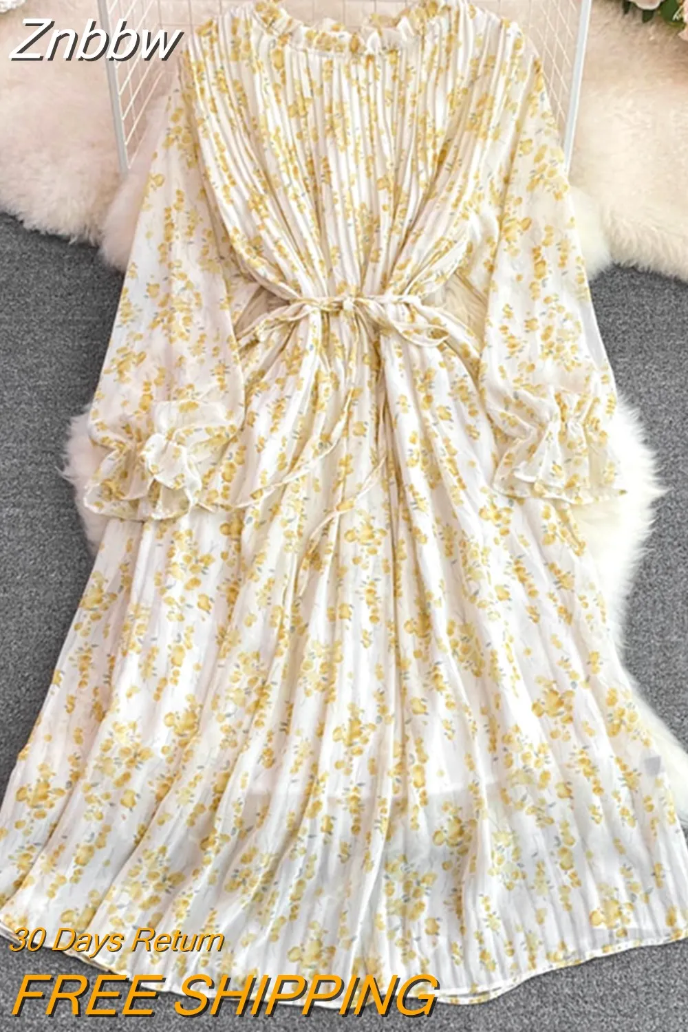 Znbbw Autumn Floral Gentle Fairy Dress Short Round Neck Bubble Long Sleeve Pleated Waist Thin A-line Vestidos Women D1441 - Image 6