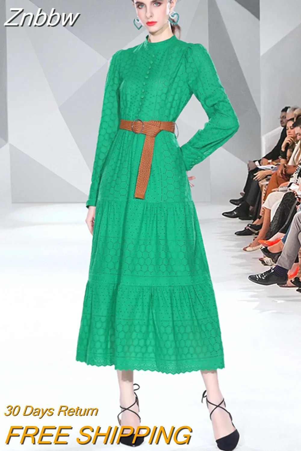 Znbbw 2023 Spring Embroidery Long Dress Women White Black Green Hollow Out Single Breasted Long Sleeve Ladies Party Dress - Image 5