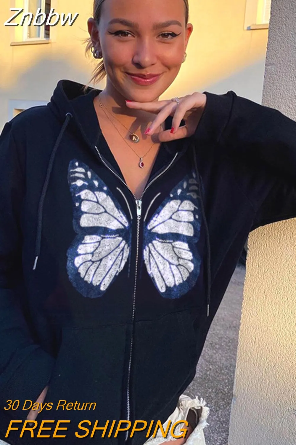 Znbbw Aesthetic Butterfly Zip Up Oversized Sweatshirts Harajuku Long Sleeve Goth Hoodies Y2K Autumn Grunge Punk Coat Retro Clothes - Image 10