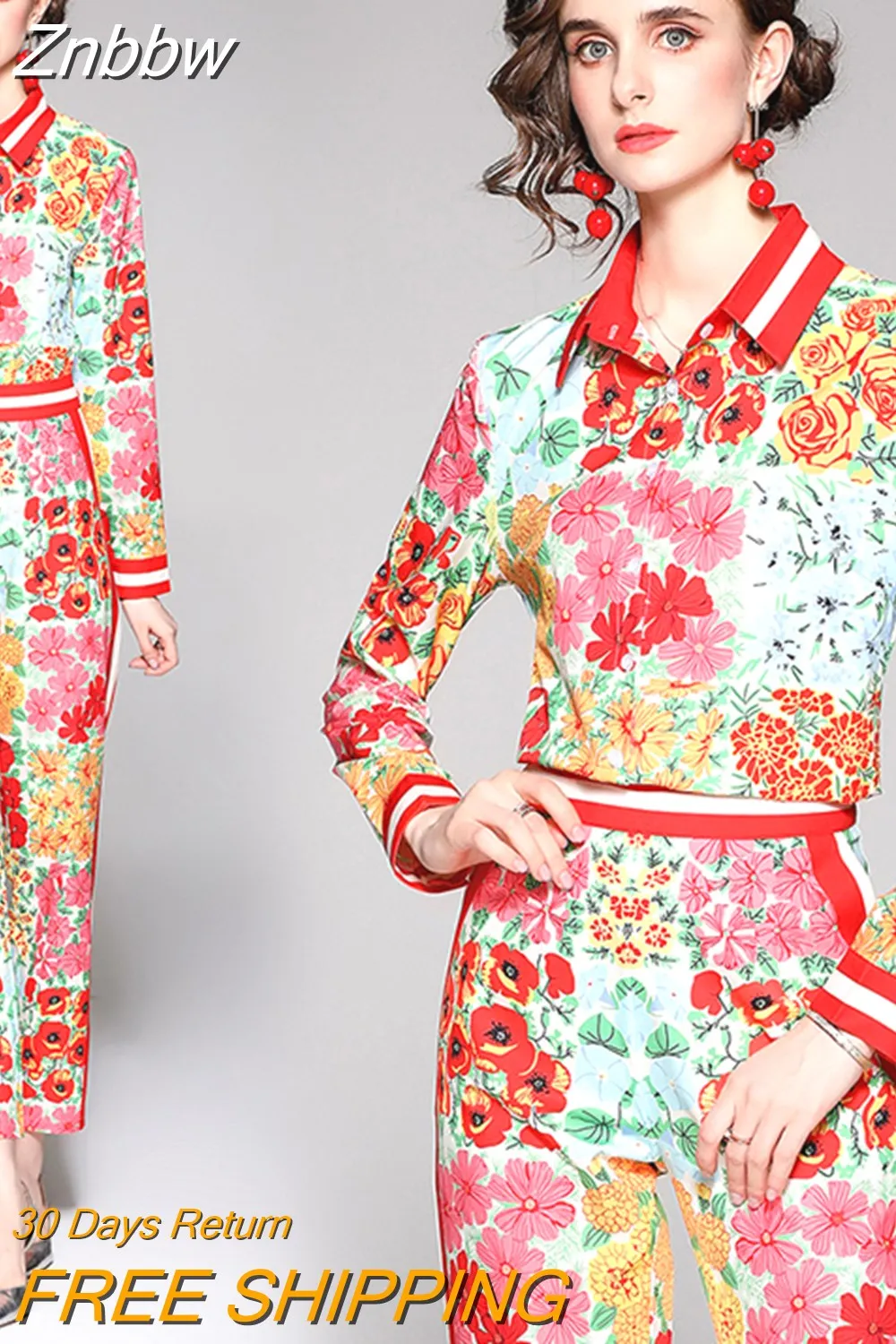 Znbbw Autumn Runway 2 piece Pant Sets Women Elegant Flower Print Shirt Tops +Full-Lenght Pants Office Ladies Set Outfits N67464 - Image 4