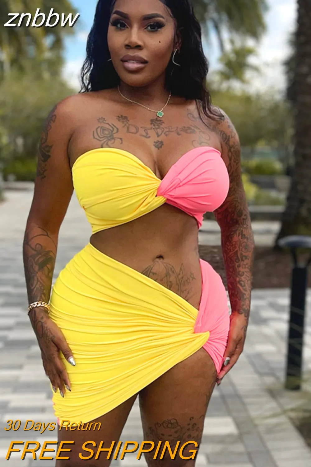 znbbw Backless Sexy Pink Patchwork Two Piece Sets Summer For Women Black Off Shoulder Bodycon Skirt Sets Beach Praty Skirt Set - Image 4