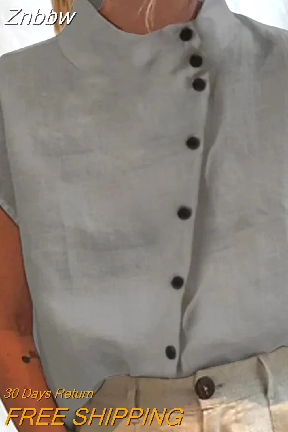 Znbbw Women Solid Hollow Out Tops Summer Turtleneck Cotton Linen Breathable Blouses Casual Loose Short Sleeve Office Shirt Pullover - Image 3