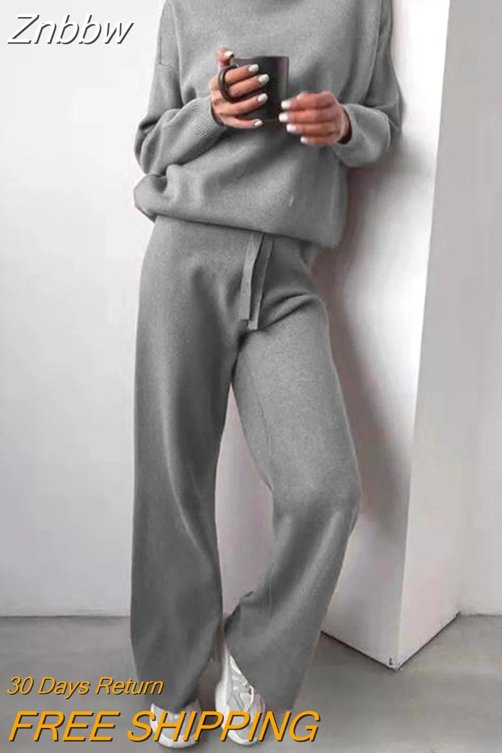 Znbbw Women Knitted Two Piece Set 2023 Autumn Solid Color Long Sleeve Turtleneck Sweater Casual Wide-Leg Straight Pant Loose Tracksuit - Image 4