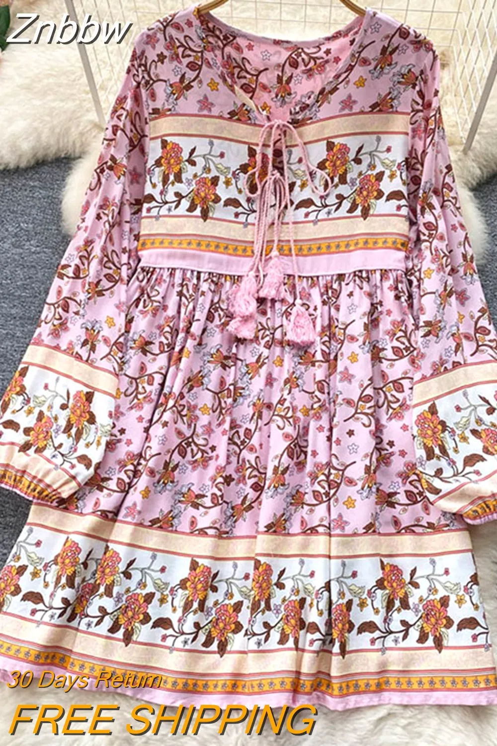 Znbbw Autumn Women's Travel Holiday indie Style Dress New Sweet Loose Thin Printed Long-sleeved Mid-length Dress GD647 - Image 7