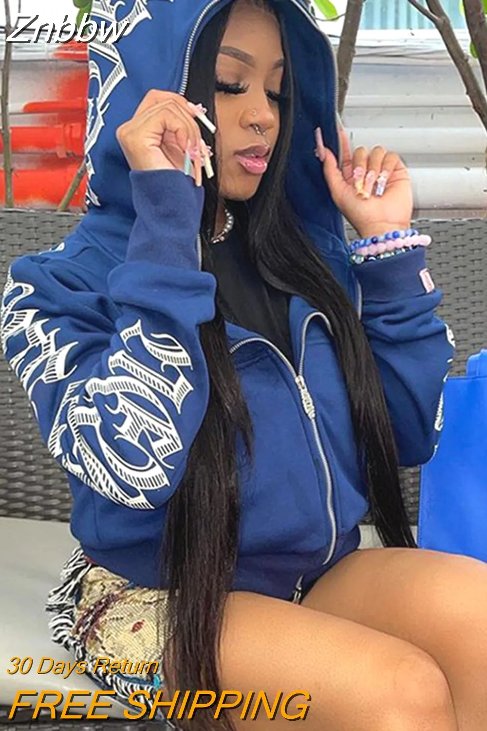 Znbbw for Women 2023 Fashion Grunge Punk Gothic Sweatshirts Loose Hip Hop Zip Up Printed Hooded Hoodies Vintage Y2k Jackets - Image 5