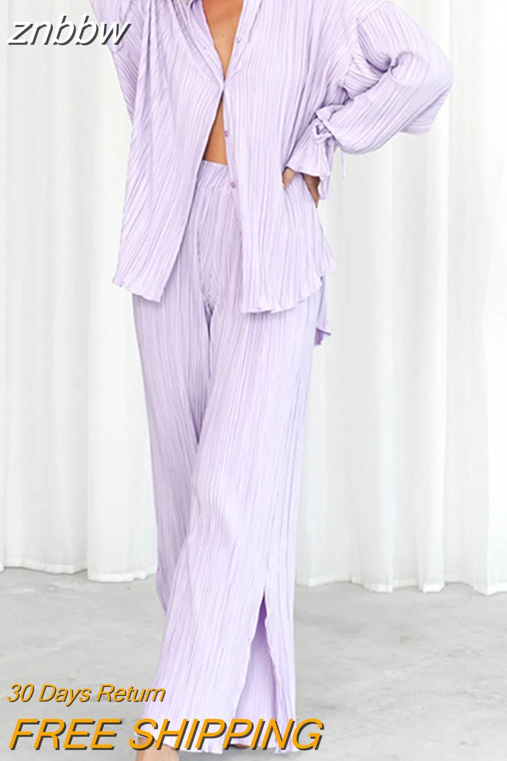 znbbw Women Pleated 2 Piece Sets Long Sleeve Blouse Tops And Split Wide Leg Pant Suit Female Fashion Casual Loose Homewear Outfit - Image 6