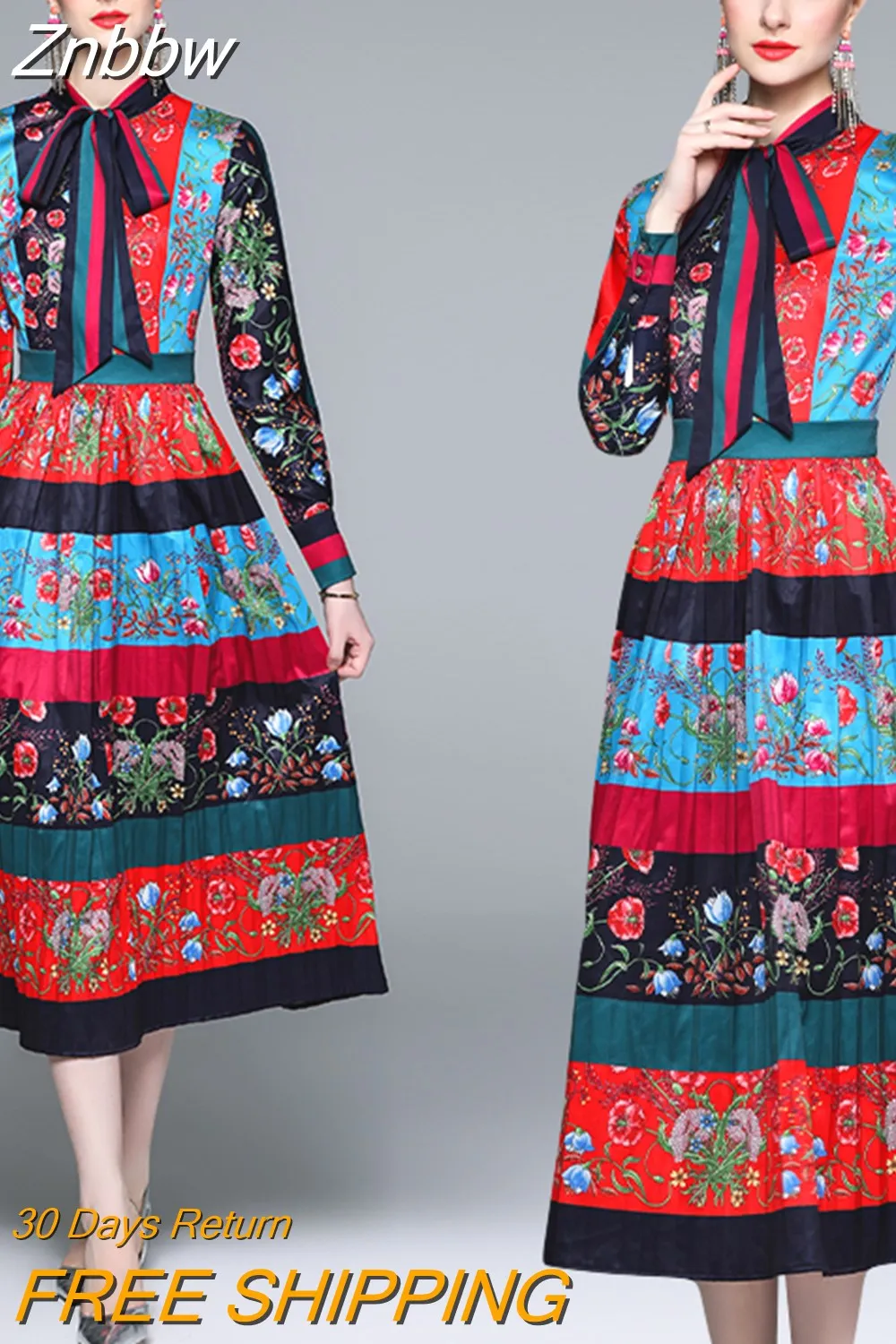 Znbbw Women's O Neck Long Sleeves Bow Detailing Fixed Pattern Floral Printed Striped Pleated Elegant Midi Runway Dress - Image 3