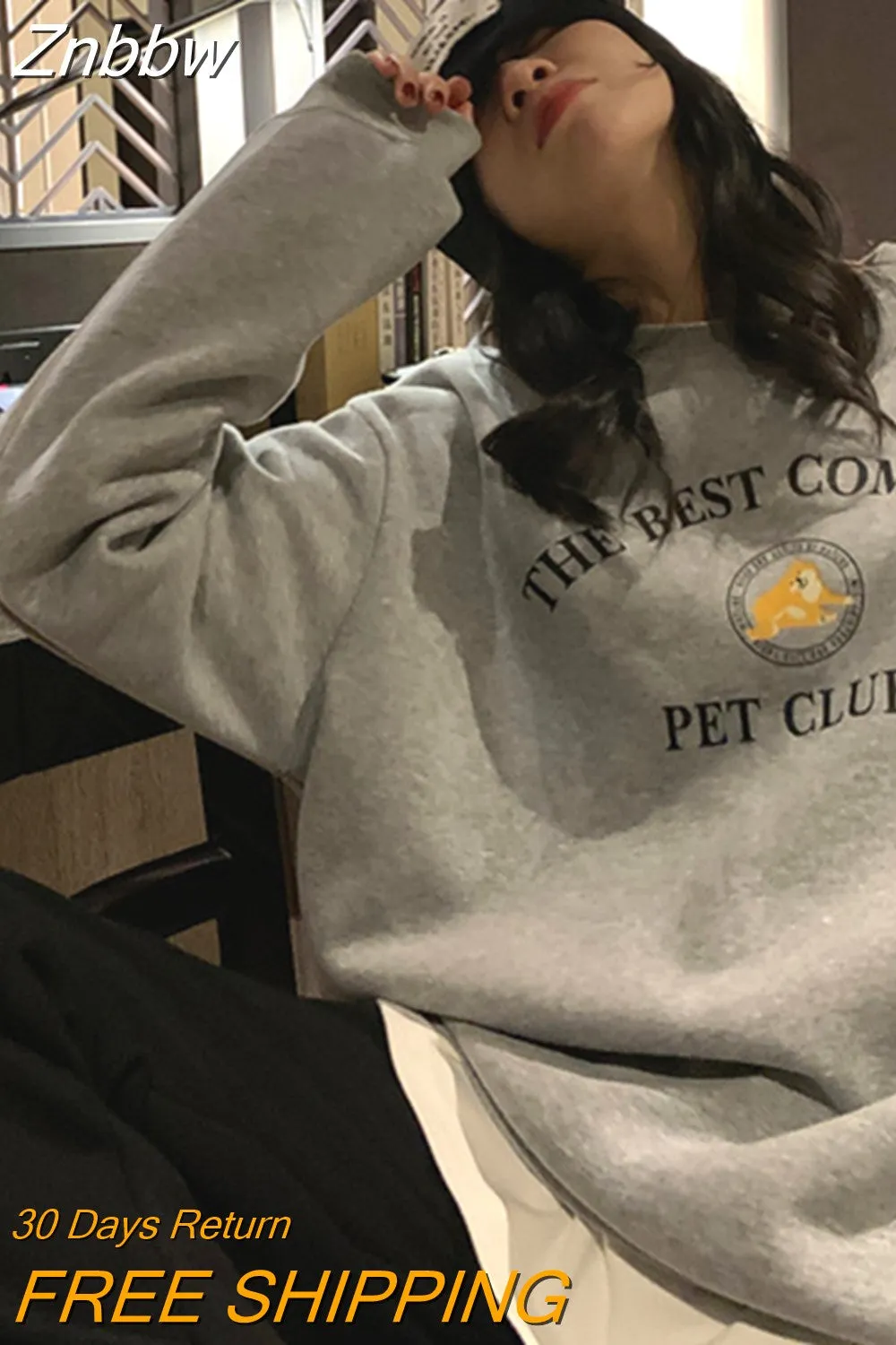 Znbbw Women gray lettering pullover sweater Autumn/Winter 2023 trend loose oversized long sleeve youth style round neck top - Image 2