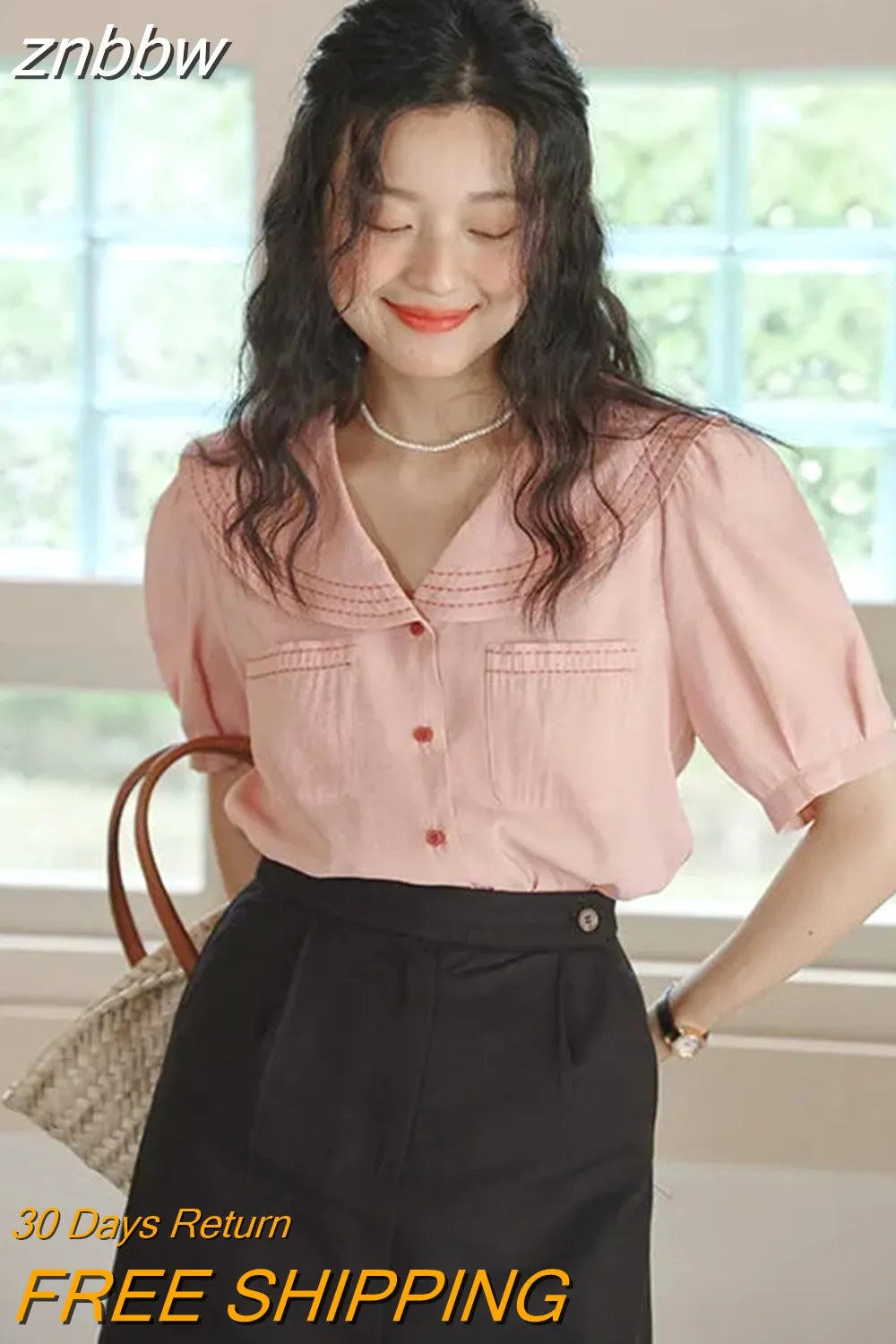 znbbw 2023 Summer French style Short Sleeve White Shirt Women Sailor Collar Solid Button Blouse Work Female Clothing Tops - Image 2