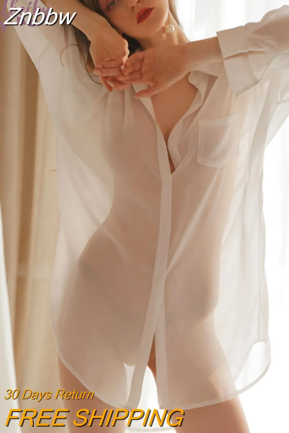 Znbbw Shirt Sexy Lingerie Hollow Temptation Nightdress Transparent Chiffon Pajamas Sleep Tops Women Sleepwear Sleep Shirt