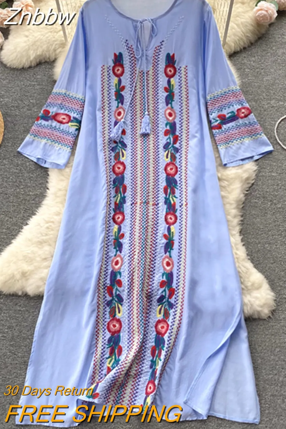 Znbbw Ethnic Style Loose and Thin Embroidery Lace Round Neck Dress Female Seaside Holiday Chic Long Trend Vestidos Women D1467