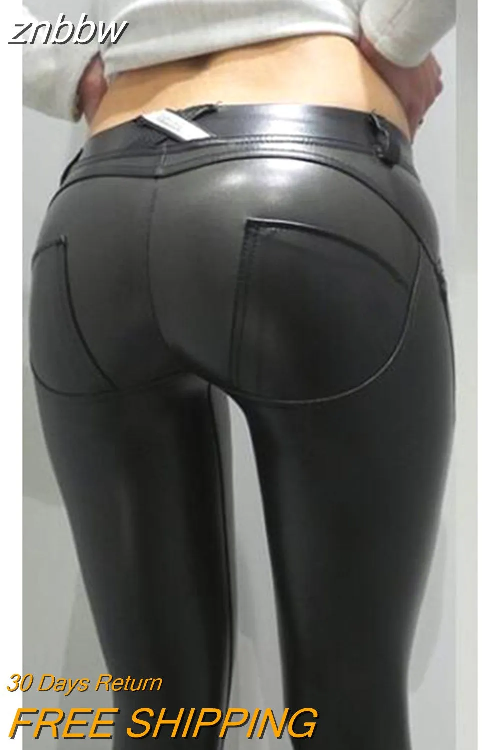 znbbw PU Faux Leather Pants Women Elastic Waist Hip Push Up Black Sexy Female Leggings Jegging Casual Blue Skinny Pencil Pants 914 - Image 2