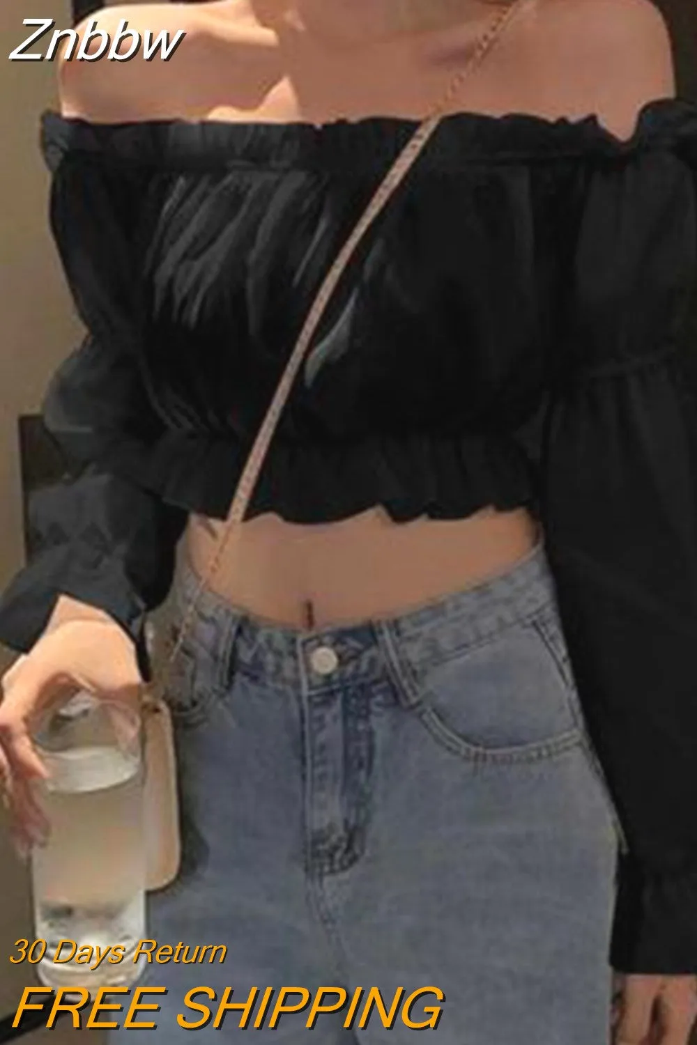 Znbbw Women Top Sexy Blouse Off Shoulder Top Long Sleeve Solid Color White Shirt Puff Sleeve Ruffle Tunic Crop Top Summer Tube Top - Image 4