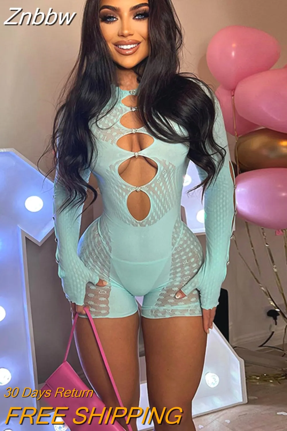 Znbbw Transparent Mesh Bodycon Slim Playsuits Women Long Sleeve Night Club Party Evening Casual One Piece Rompers 2023 Summer