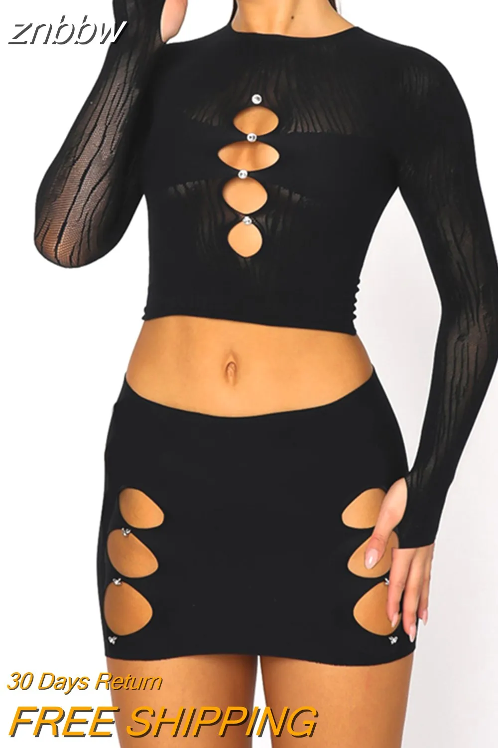 znbbw Autumn Sexy Mesh Sheer 2 Two Piece Set Club Outfit For Women 2023 Long Sleeve Crop Top And Skirt Set Female Matching Set - Image 2