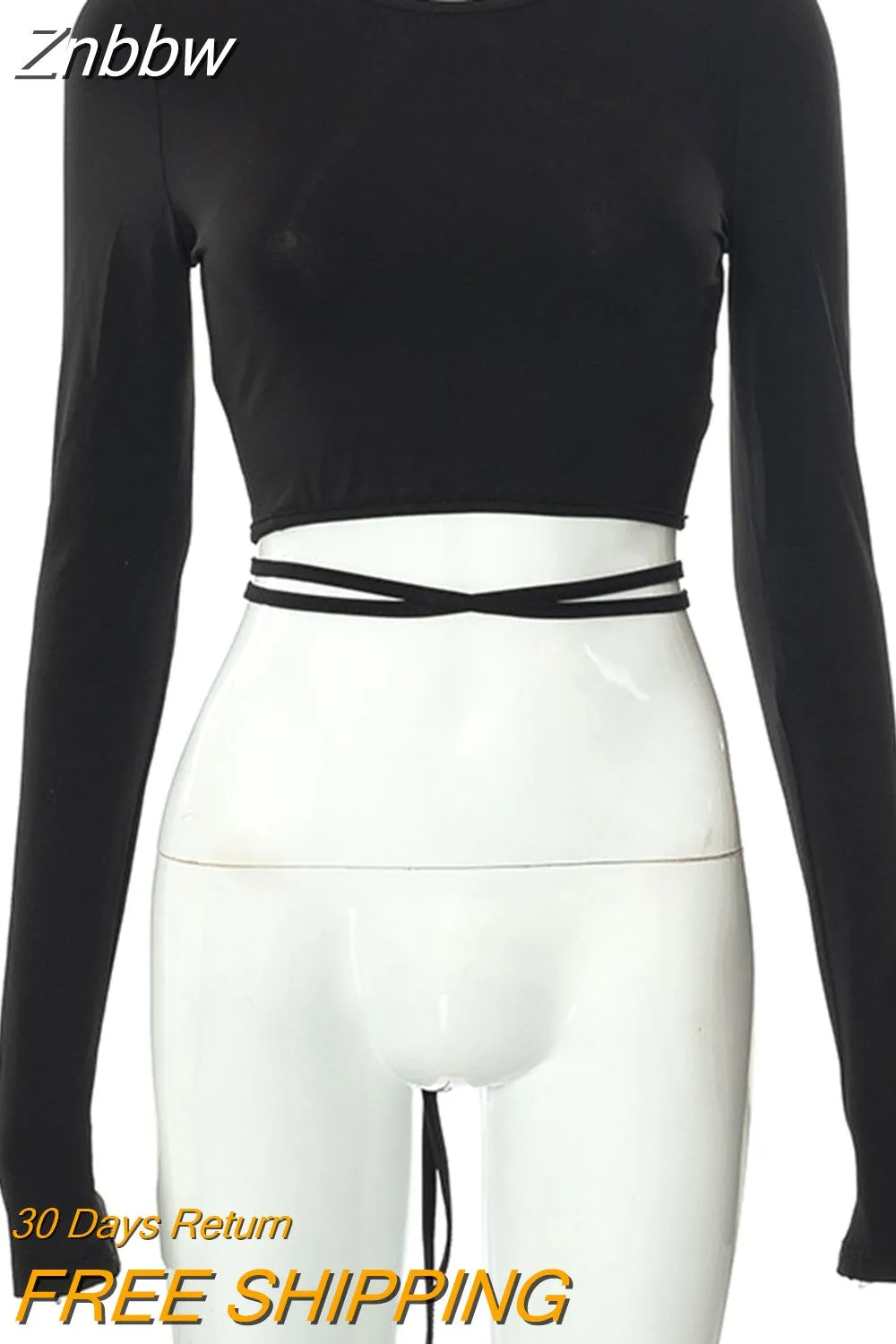 Znbbw Backless Lace ups Pullover Tees Women Autumn Black O-neck Slim Longsleeve Short T-Shirt - Image 3