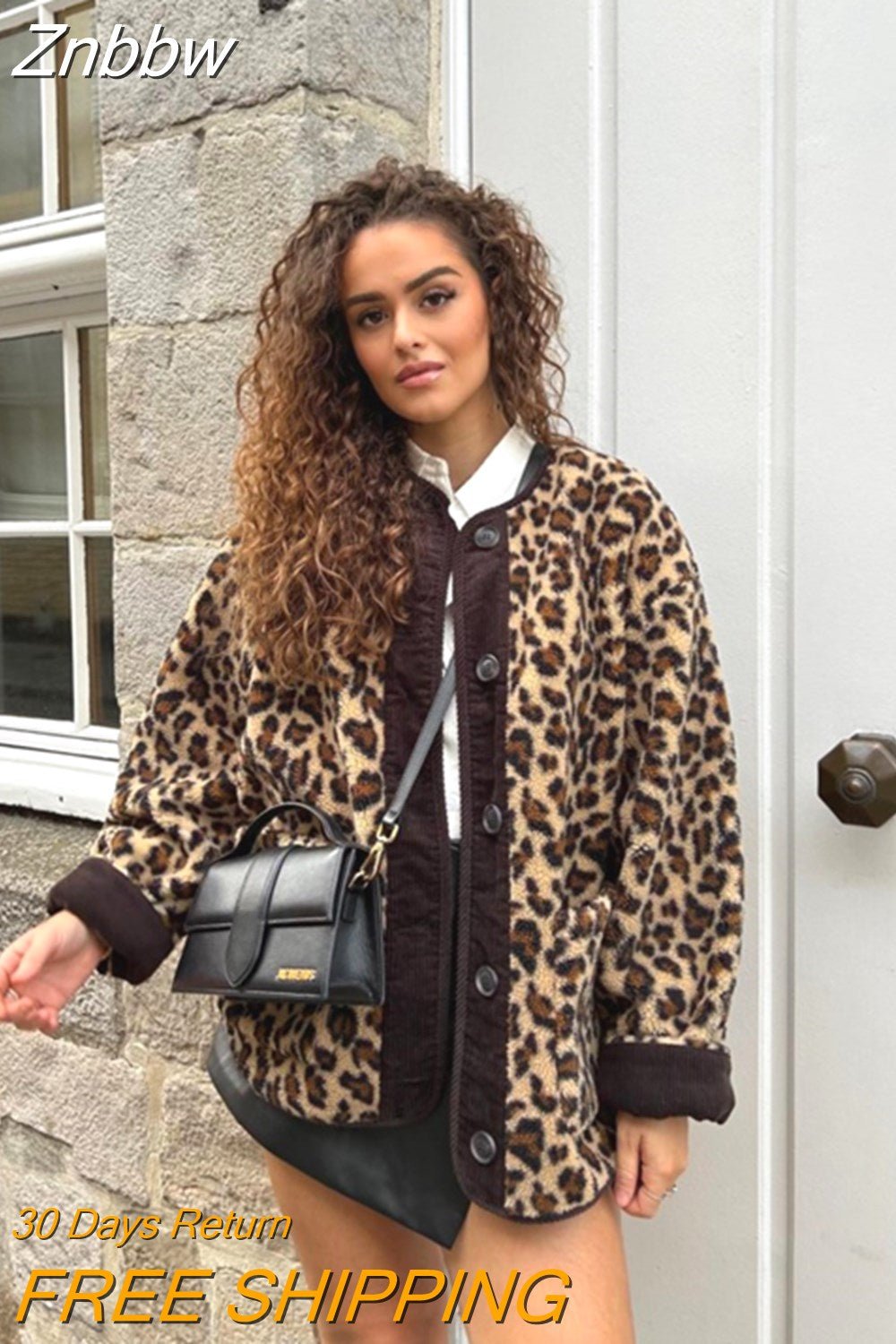 Znbbw Women's Casual Plush Shawl Collar Long Sleeved Leopard Print Jacket Fashion Single Breasted Overcoat Autumn/Winter Lady Outwear - Image 8